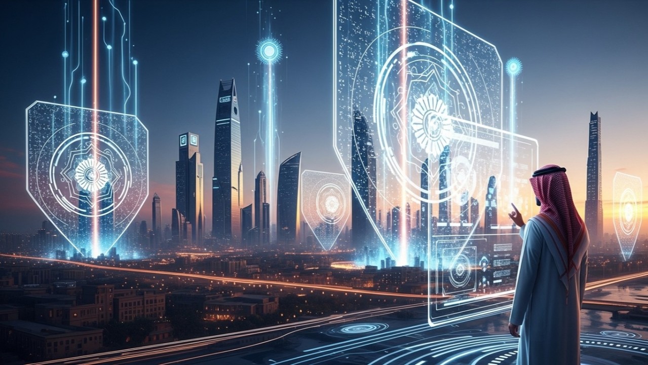 Futuristic digital overlay of a Saudi Arabian city skyline representing smart infrastructure and connectivity under Vision 2030